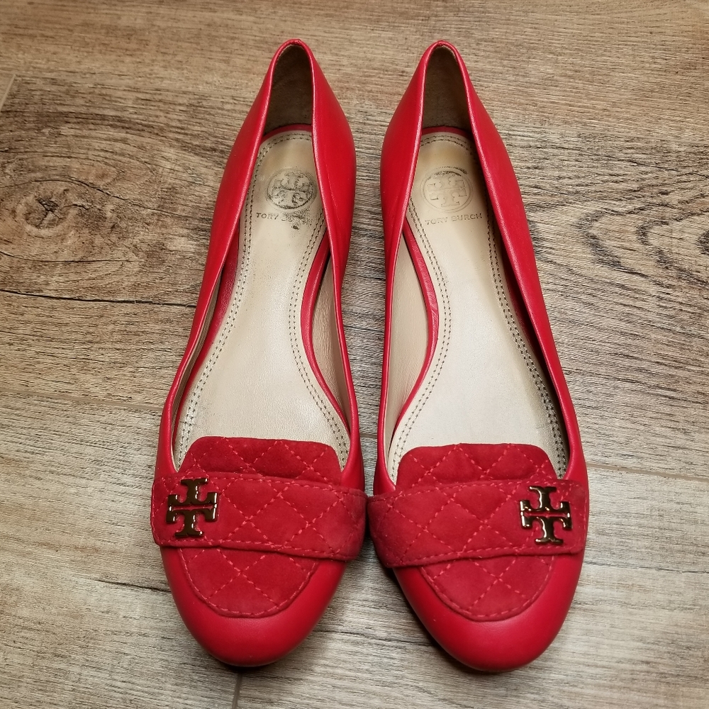 Tory Burch Loafer Flats Red Leather Logo 8.5